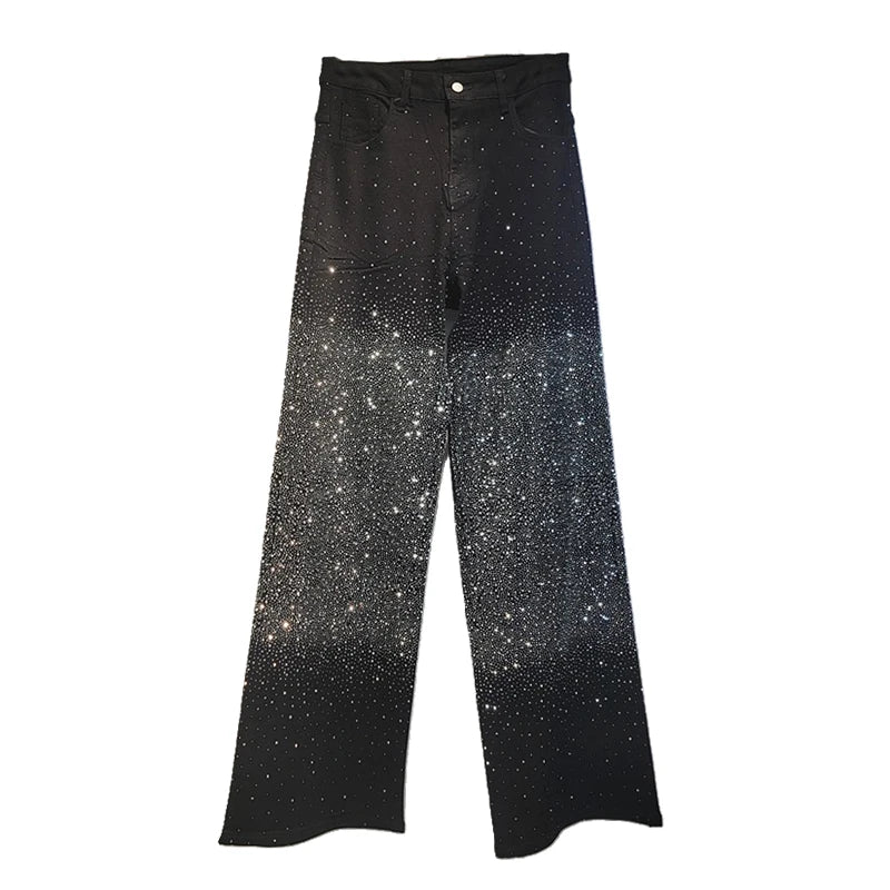2026 New Fashion Spring Black Denim Pants For Women Glitter Diamonds Blingbling Wide Leg Straight Loose Jeans 29A5692