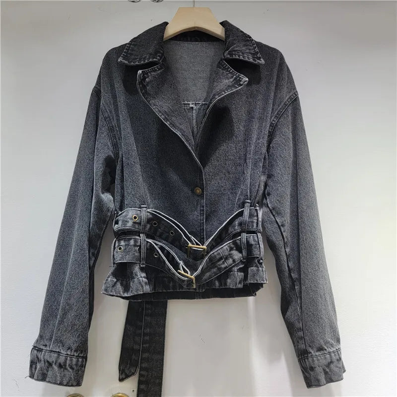2026 Jeans Jacket  Early New Fashion Style Turn-Down Collar Short Vintage Denim Jacket For Women With Double Button Belt Coat 11A08252