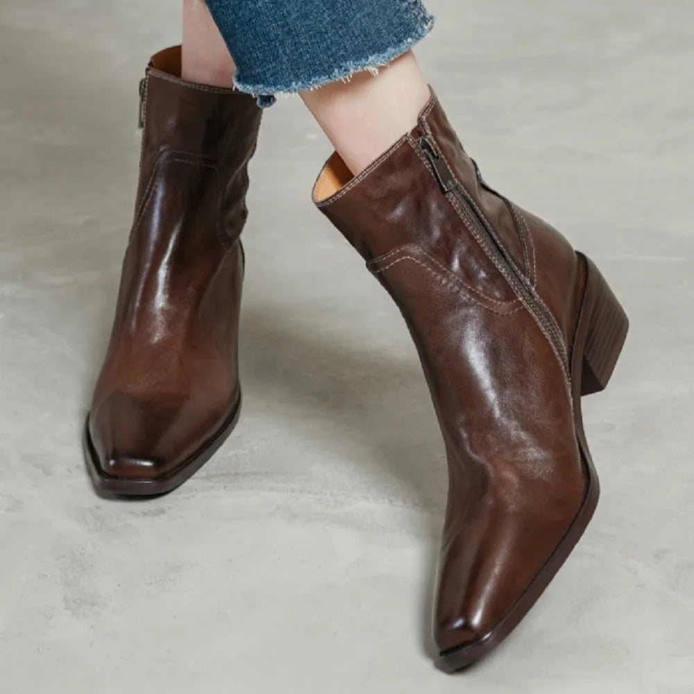 Handmade Genuine Leather Soft and comfortable Ankle Boots Women's Chunky Heel Retro ort Pattern Booties 34-40