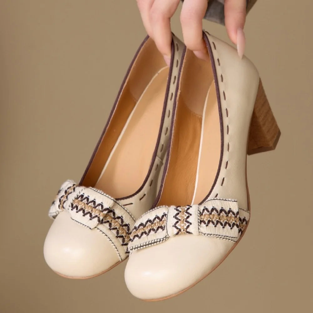 Handmade Genuine Leather Chunky Heel Bow Flats Style Round Toe Shallow Cut Spring New Versatile Shoes Women 34-40
