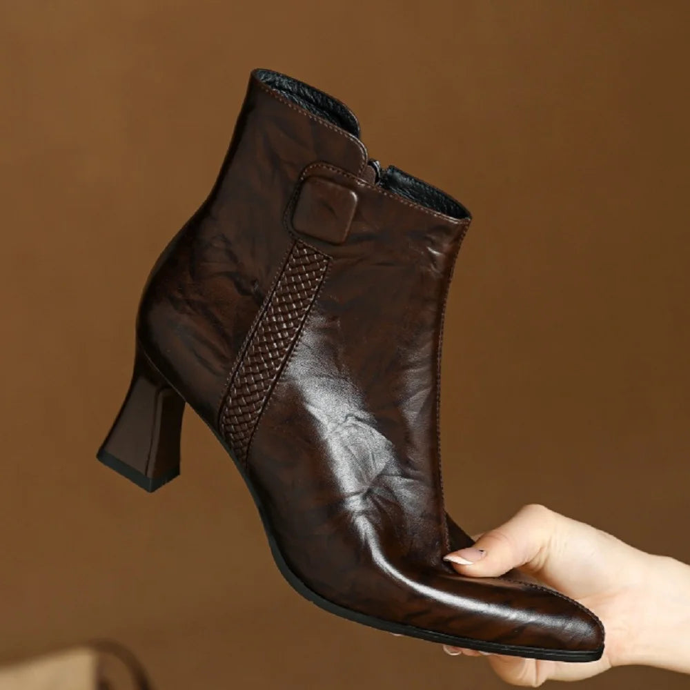 Handmade Genuine Leather Sexy Soft and comfortable Ankle Boots Women Retro Pointed Toe Chunky Short Boot