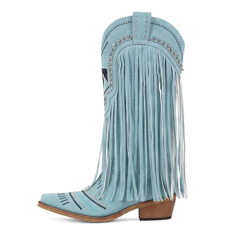Onlymaker Women Pointed Toe Retro Fringe Pull On Western Cowgirl Boots Fringed Chunky Heel Embroidery Cowboy Boots