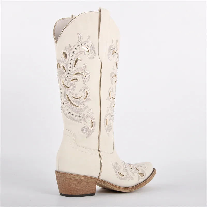 Onlymaker Women Pointed Toe Pull On Western Cowgirl Boots Fringed Chunky Heel Embroidery Cowboy Boots