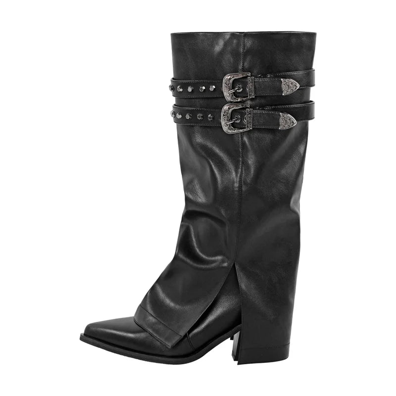 Onlymaker Women Pointed Toe Mid-Calf Boot Matte Black Sewing Embroidered Thick Heels Zipper Winter  Big Size Cowboy Boots