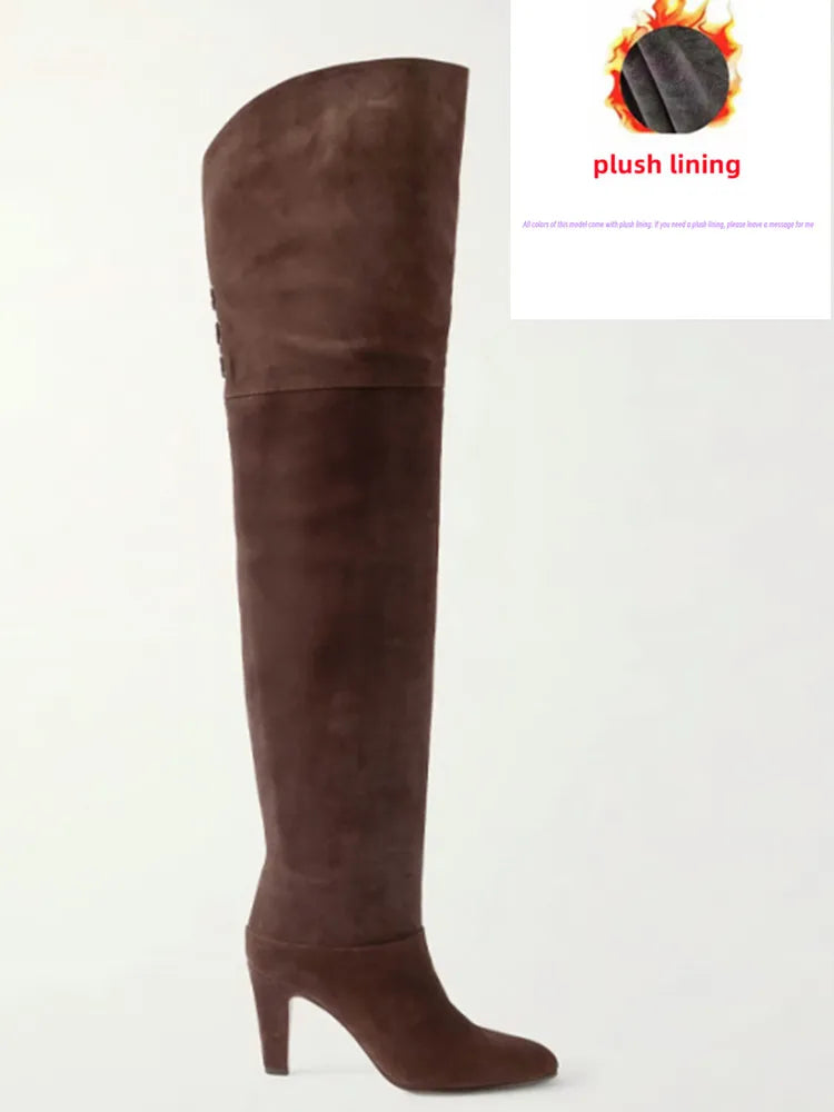 2026 Autumn and Winter Women's Thick High-heeled Knee High Boots, Round Headed Cowhide Suede Fashionable Women's Plus Size Boots