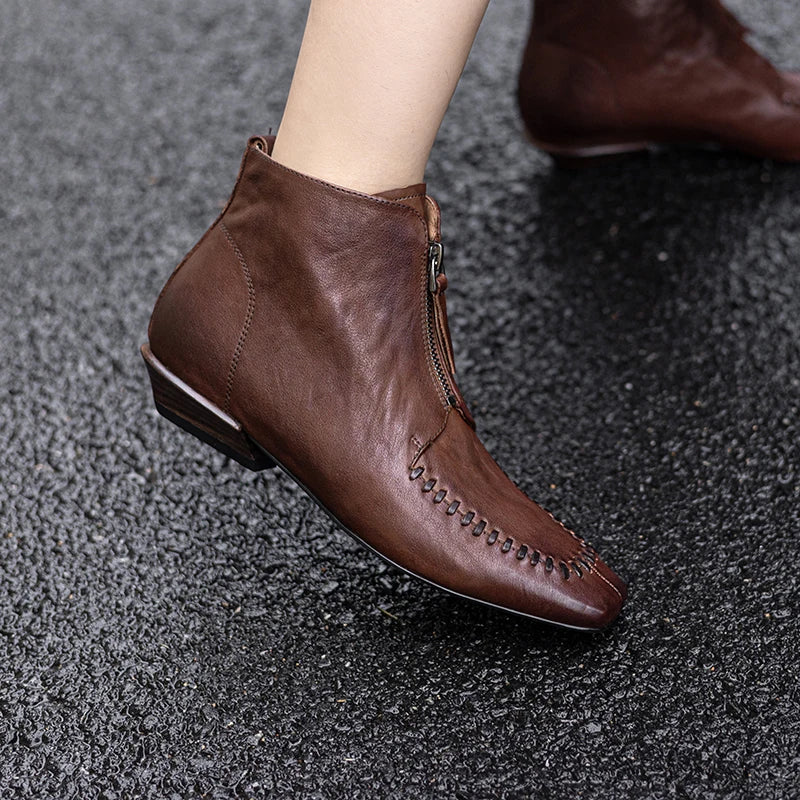 Women Handmade Genuine Leather Mid Heel Modern Soft and comfortable Ankle Boots Daily Shoes Zipper Boots 34-40