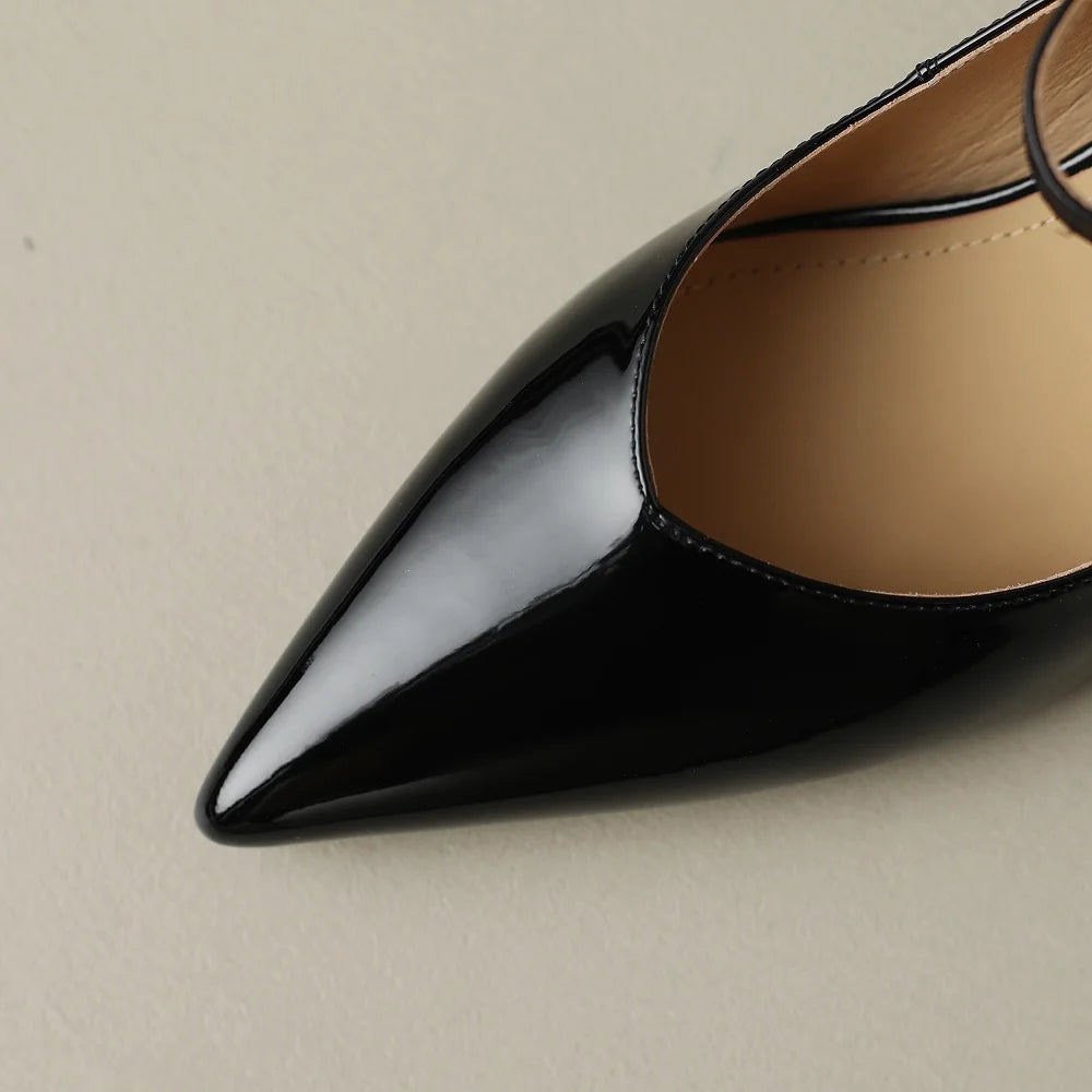 Retro Light Women Handmade Genuine Leather Pointed Toe Metal Buckle One-Strip Style Mid Heel Single Comfortable