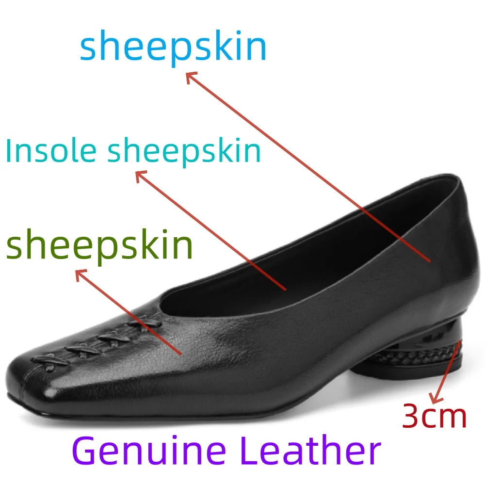 Women's Handmade Genuine Leather Soft comfortable Square toe quality elegant ladies Mid heel shoes 34-40