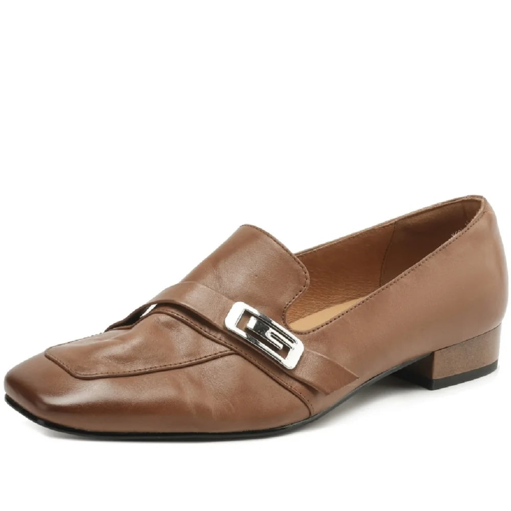 women Handmade Genuine Leather thick med heel Square toe elegant ladies style daily slim dress shoes 34-41