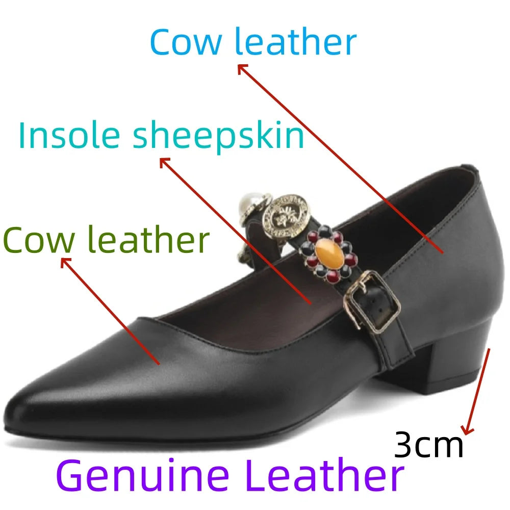 Handmade Genuine Leather round Toe Camellia Mary Jane Shoes Women's Retro Low Heel Single Shoes Comfortable