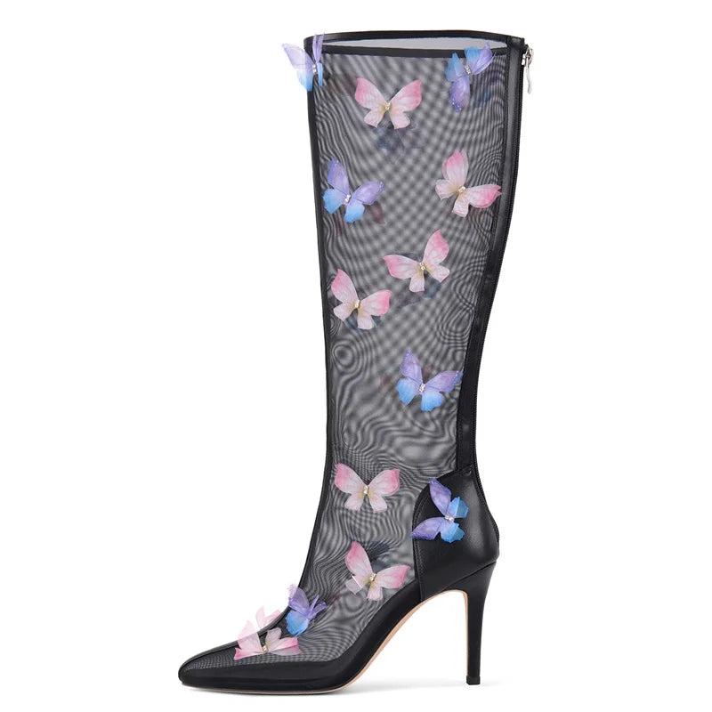 Onlymaker Women  Pointed Toe Butterfly Air Mesh  The Knee High Boots Zipper Sexy Sweet Thin High Heel Wedding Boots