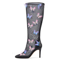 Onlymaker Women  Pointed Toe Butterfly Air Mesh  The Knee High Boots Zipper Sexy Sweet Thin High Heel Wedding Boots