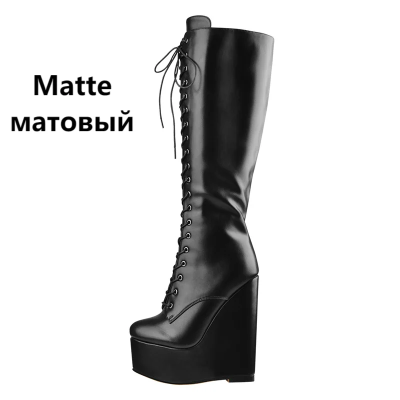 Onlymaker Women Platform Wedge Heels Knee High Boots Lace Up  Side Zip Heeled Plus Size Black Handmade Boots