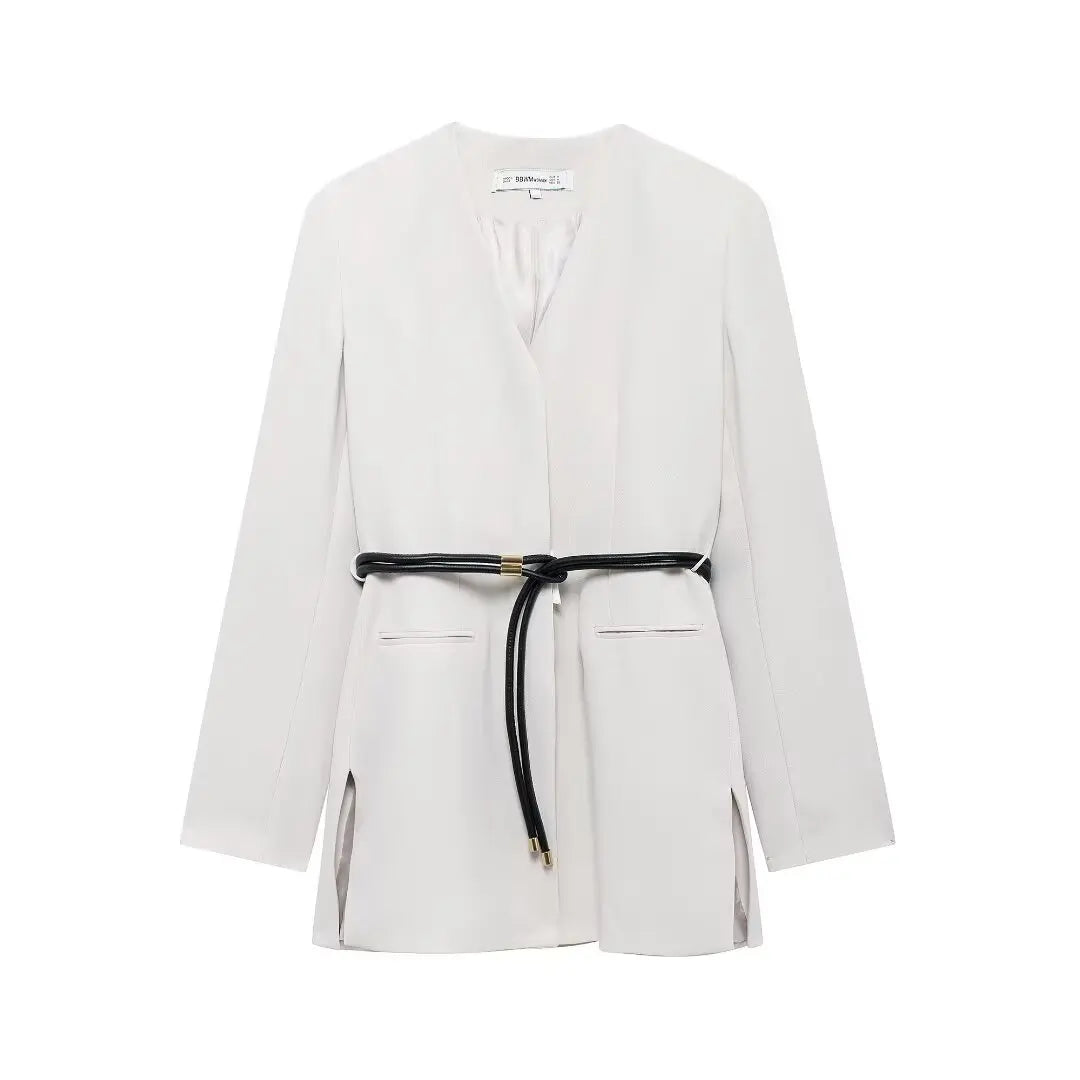 EDSA Women Belt Blazer Long Sleeves with Shoulder Pads V-Neck Jacket Long Sleeves for Office Lady Coat Outerwear