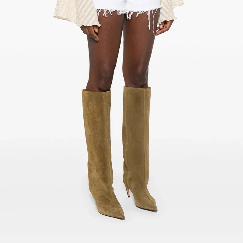 Women's new slim fit high heels knee high boots, fashionable pointed boots for women, autumn and winter mid length women's boots