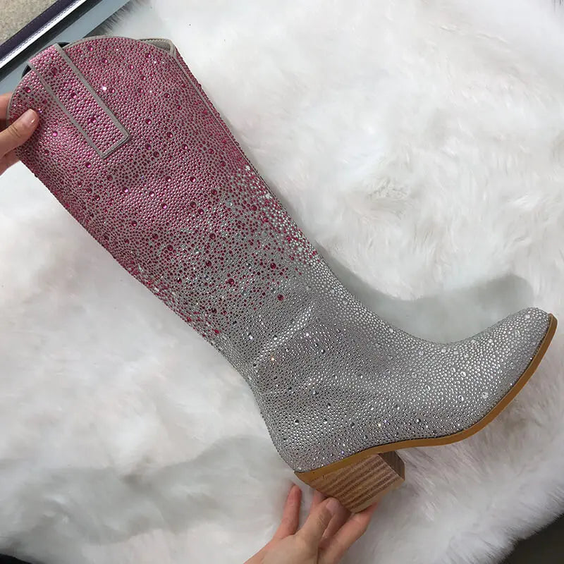 Onlymaker Women Pointed Toe Rhinestone Knee High Western Cowgirl Boots Glitter Bling Shiny  Block Heel Lady Boots