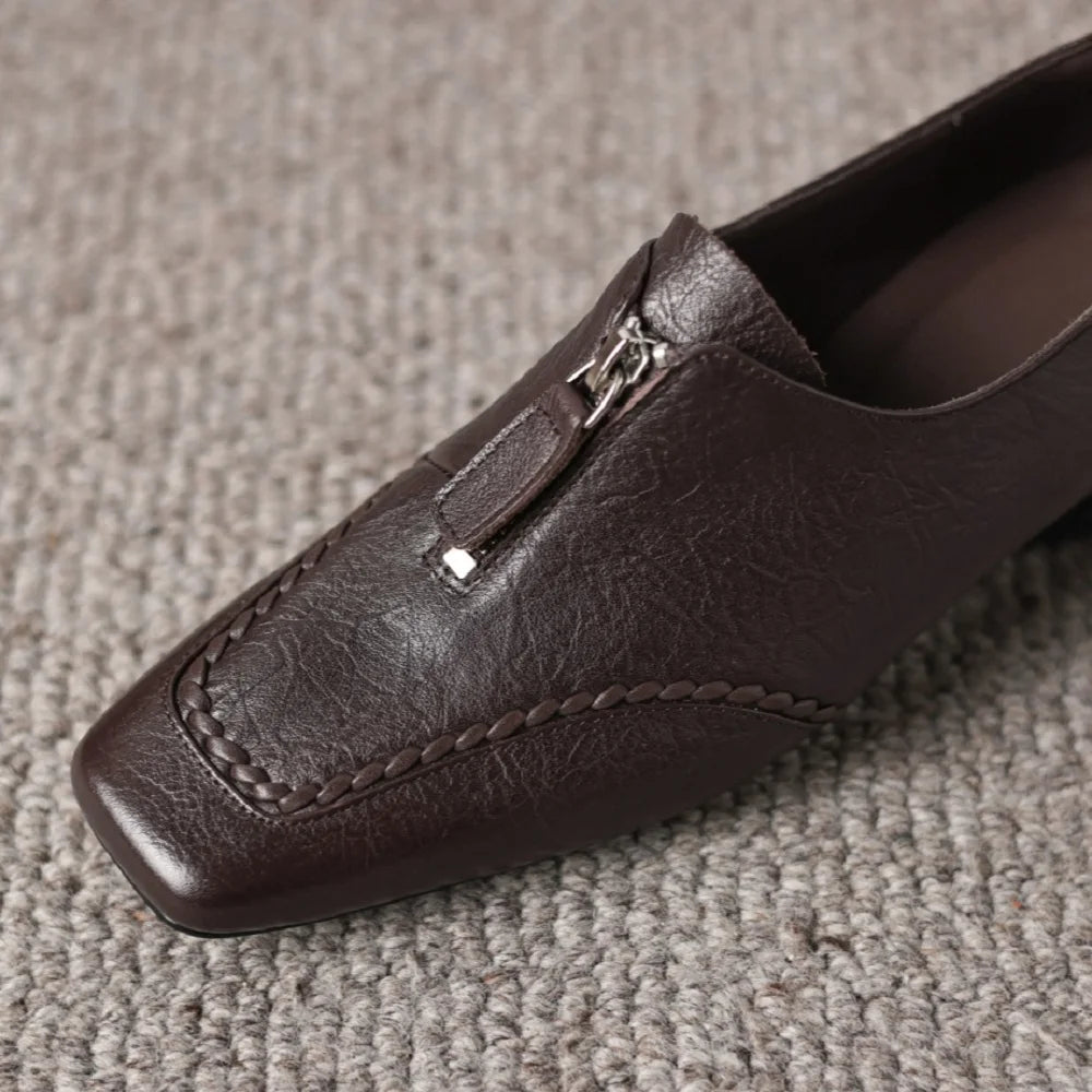 women's Handmade Genuine Leather Square toe front zip high quality soft comfortable casual female 34-40