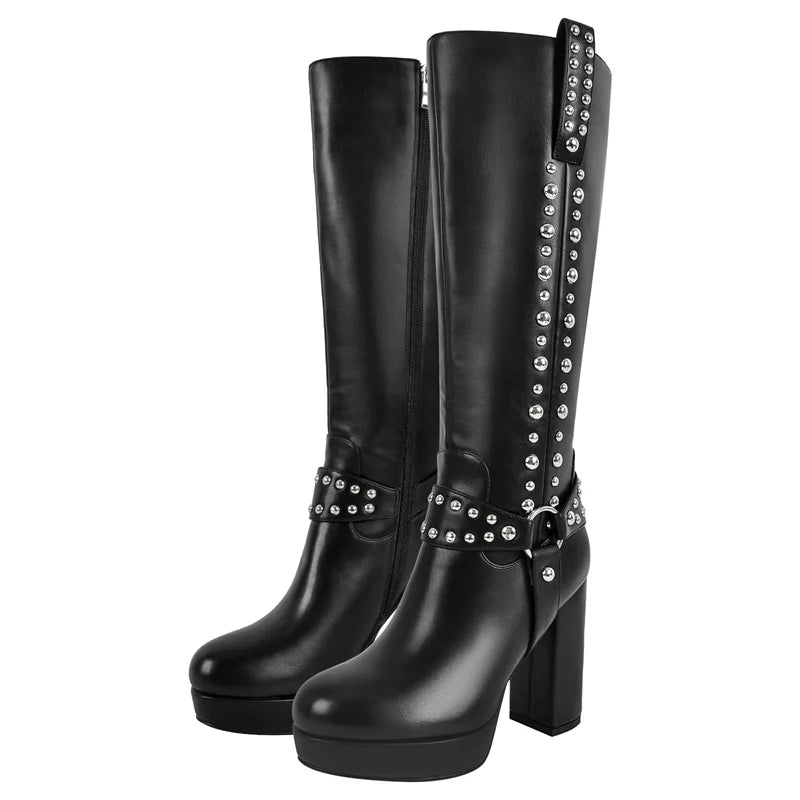 Onlymaker Women Round Toe Platform Knee High Boots Chunky Heel Side Zipper Metal Rivet Decoration Buckle Motorcycle Boots