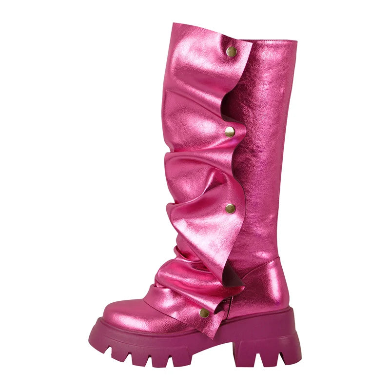 Onlymaker Women Platform Red Fold Over Boots Block Heel Round Toe Western Pull on Fashion Mid-Calf Female Boots