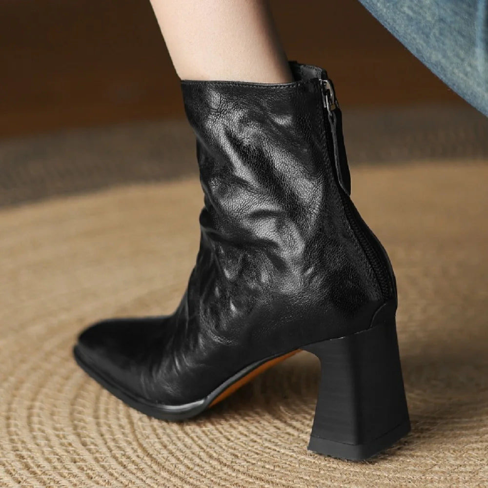 Women's genuine leather square toe back zip ankle boots elegant ladies thick high heel daily dress slim 33-40