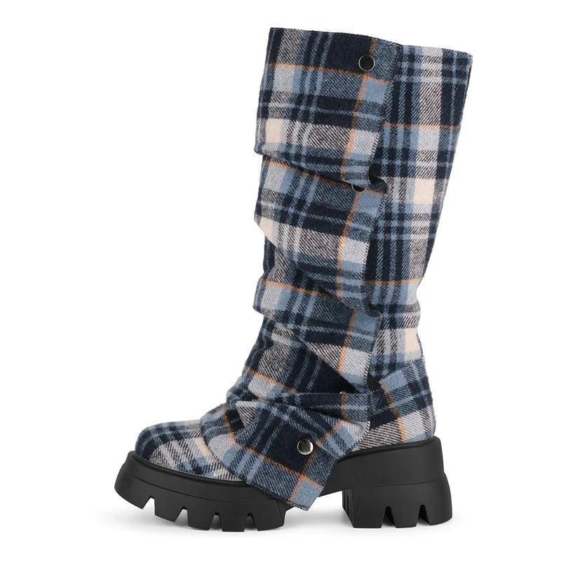 Onlymaker Women Platform Fold Over Boots Block Heel Round Toe Western Pull on Fashion Mid-Calf Female Boots