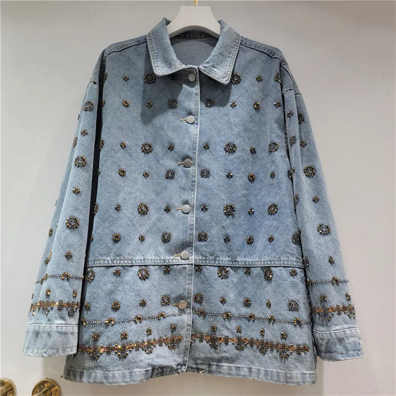 2026 Jeans Jacket Spring New Fashion Design Heavy Beaded Jacket For Women High Street Style Loose Denim Coat Female Trendy 11A08684