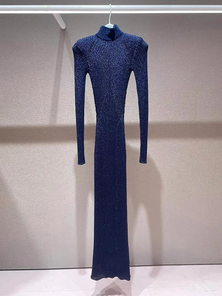 Women's stand collar stretch knit dress long sleeve