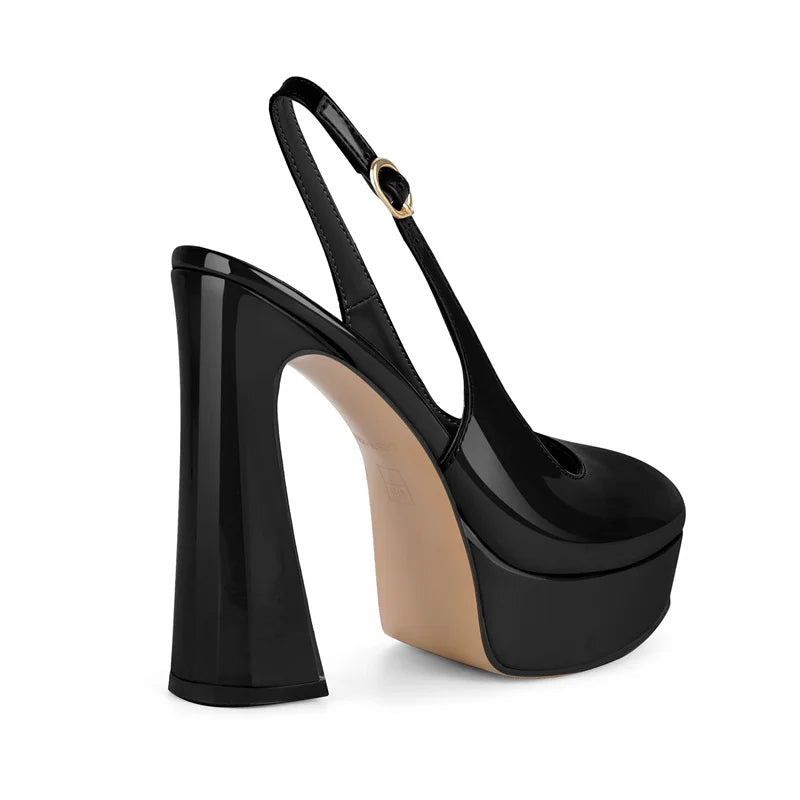 Women Round Toe Patent Leather Pumps High Heeled Big Size Slingback Office Dress Chuny Heel Classic Pumps Heels