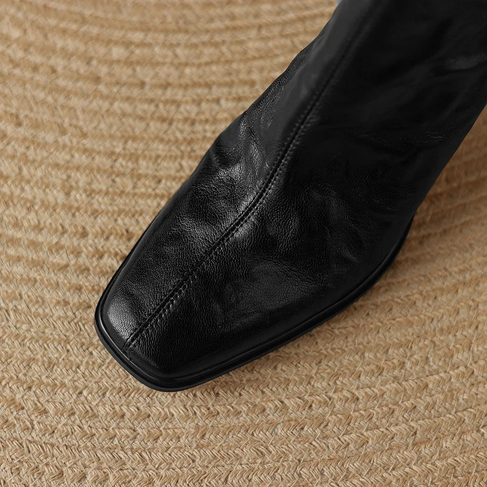 Women's genuine leather square toe back zip ankle boots elegant ladies thick high heel daily dress slim 33-40