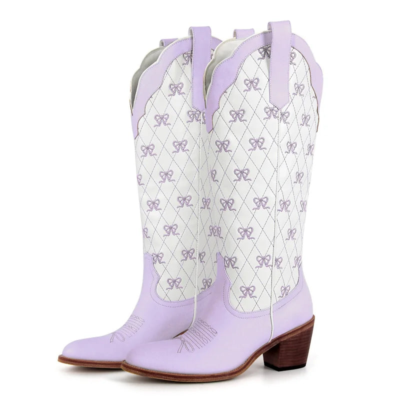 Onlymaker Women White  Pull-on Knee High Cowgirl Boots with Bow  Big Size Comfy Women Cowboy Boots