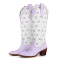 Onlymaker Women White  Pull-on Knee High Cowgirl Boots with Bow  Big Size Comfy Women Cowboy Boots