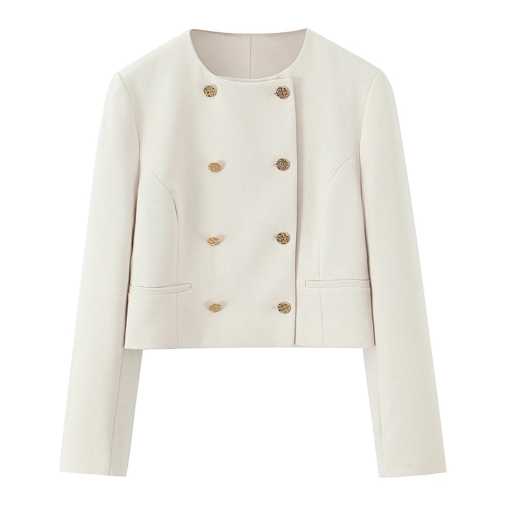Women Cropped Double Breasted Blazer Jacket O-neck Long Sleeves for Office Lady Outerwear Coat