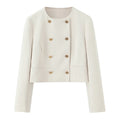Women Cropped Double Breasted Blazer Jacket O-neck Long Sleeves for Office Lady Outerwear Coat