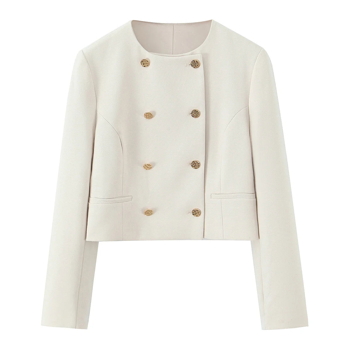 Women Cropped Double Breasted Blazer Jacket O-neck Long Sleeves for Office Lady Outerwear Coat