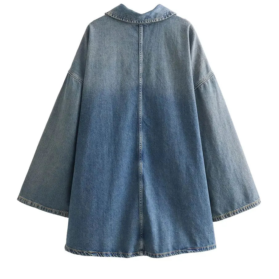 Women Fashion Solid Denim Dress Long Sleeves Female Chic Lady Casual Loose Short Dress