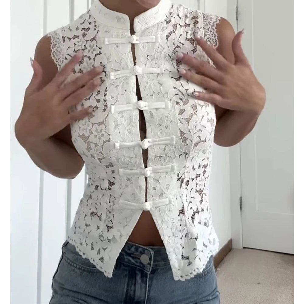 Women Summer Retro Hollow Lace Flower See Through Tanks Sleeveless Single Breasted Slim y2k Coquette Cropped Vest Club Party