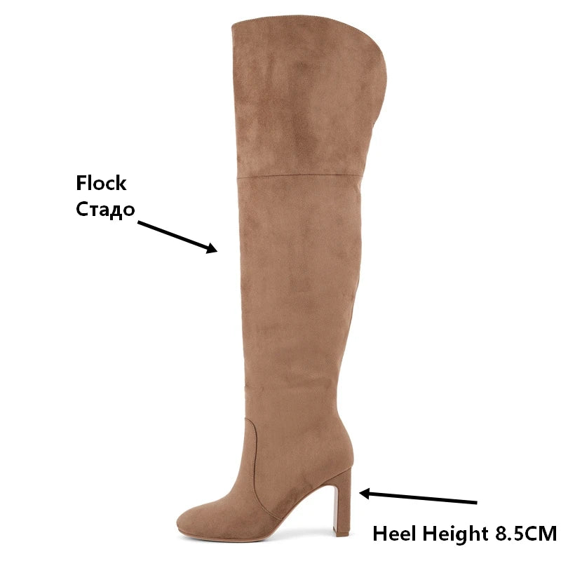 Onlymaker Women Side Zipper Flock Chunky Block Heel Over knee Boots Thigh High Sexy Boots