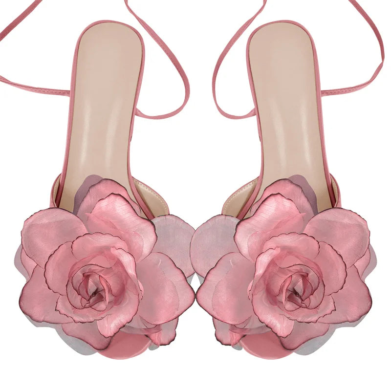 Women Platform Pink Flower Lace-UP Open Toe  Chuny Heeled   Summer Sandals