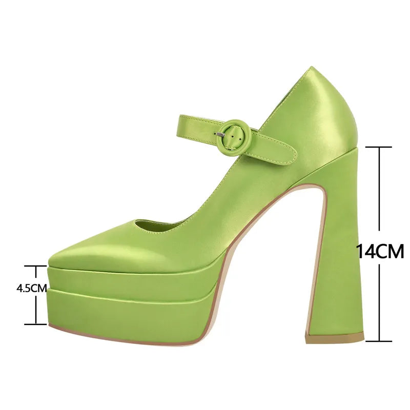 Women Platform Pointed Toe Pumps Chunky High Heels Ankle Strap Dress Party Dress Big Size Green Female Shoes