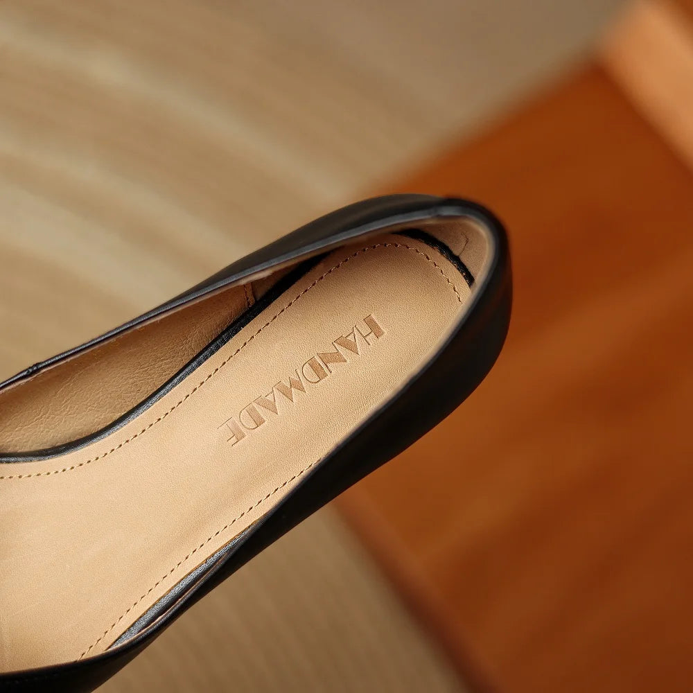 Handmade Genuine Leather Mid Heels Women Pointed Shallow Mouthed Single Shoes Attendant Formal Work Shoes 33-40