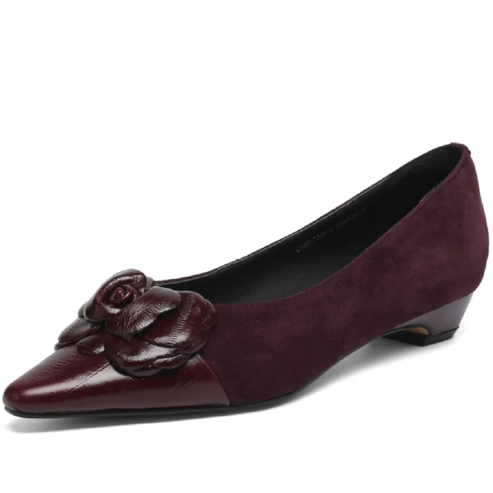 New Women Handmade Genuine Leather Soft and comfortable Low Heels Flower decoration Single Tweed Style 34-40