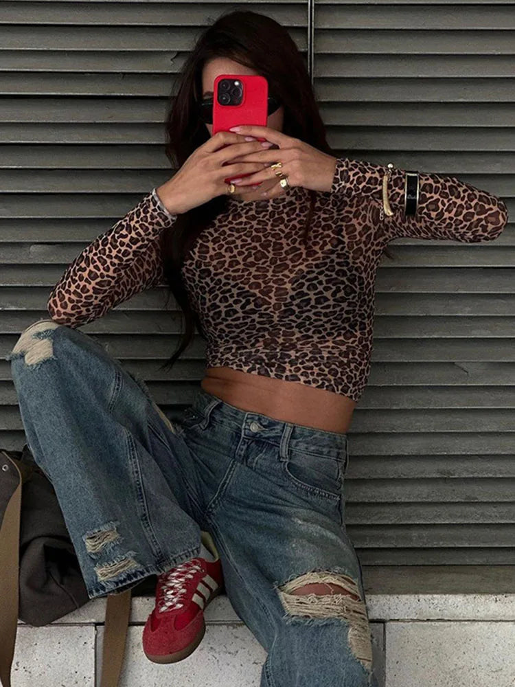 Leopard Mesh Print Top T-Shirt Women's Sexy See-through Slim Short T-Shirt Top Casual Long Sleeve Pullover Top T-Shirt