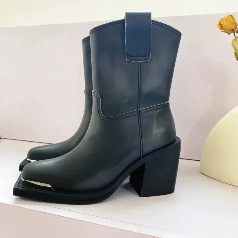 2026New Advanced Metal Square Head Women's Knight Boot Thick High Heel Sleeve Versatile Comfortable Women's Long Boots