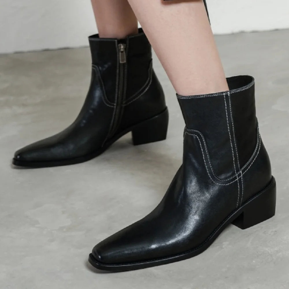 Handmade Genuine Leather Soft and comfortable Ankle Boots Women's Chunky Heel Retro ort Pattern Booties 34-40
