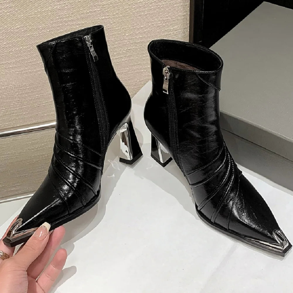 New Women Handmade Genuine Leather Ankle Boot Short Pointed Toe Thin High Heels Winter Modern Ladies Shoes 33-40
