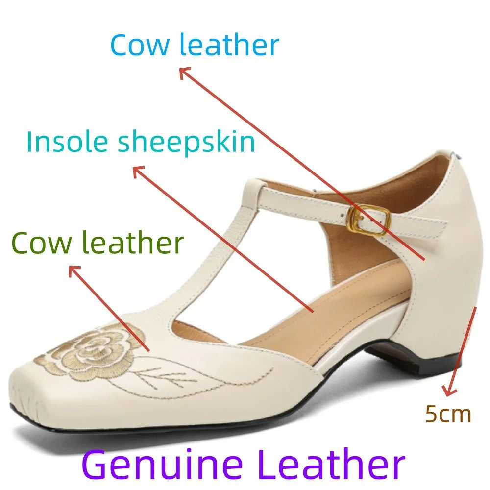 Summer Handmade Genuine Leather New Women Tea Flower Head Covering Leather Sandal Slip-On Mid Heel Upgraded 34-40