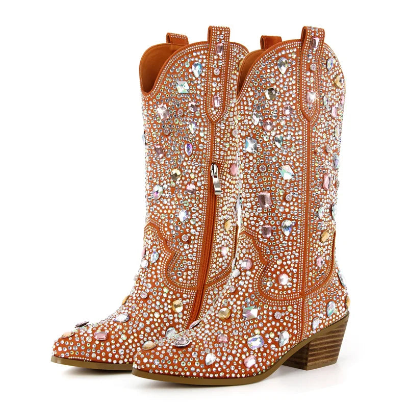 Women Sparkly Multi-colored Rhinestone Handmade Mid-calf Western Boots