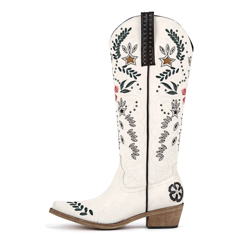 Onlymaker Women Pointed Toe Rivet Pull On Knee High Embroidery Western Cowgirl Boots Chunky Heel Embroidery Cowboy Boots