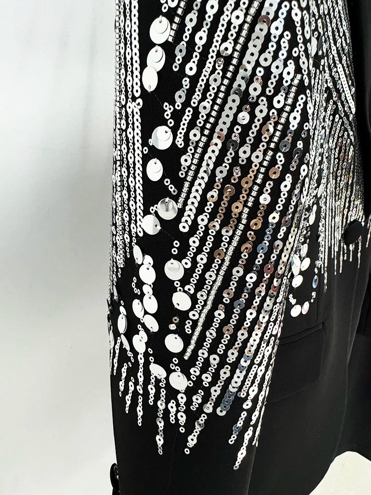 STREET Newest Fashion 2026 Designer Suit Set Women's Sequined Beading Single Button Blazer Flare Pants Set 2pcs