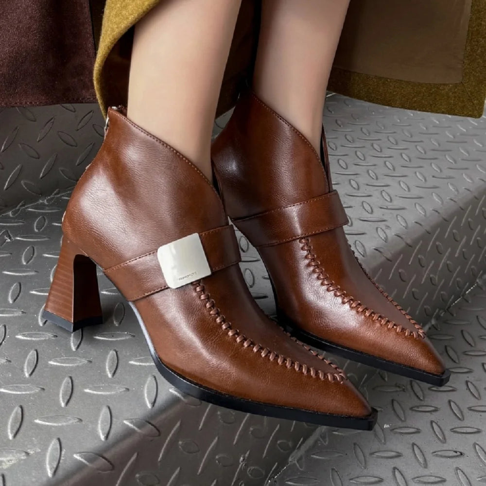 New Handmade Genuine Leather Soft and comfortable Pointed Toe Boots Chunky High Heels Shoes Ankle Boots 33-40